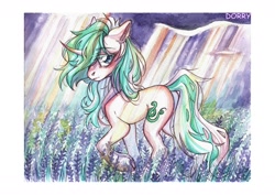 Size: 1280x905 | Tagged: safe, artist:dorry, oc, oc only, pony, unicorn, curved horn, flower, flower field, horn, looking back, scanned, solo, traditional art, unicorn oc, watercolor painting, white frame