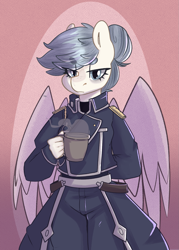 Size: 1145x1600 | Tagged: safe, artist:modularpon, oc, oc:venti via, pegasus, anthro, abstract background, clothes, coffee mug, female, fullmetal alchemist, hair bun, mare, mug, pegasus oc, solo, uniform