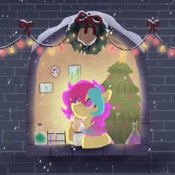 Size: 2048x2045 | Tagged: safe, artist:raindrophalo, oc, oc only, earth pony, pony, chocolate, christmas, christmas lights, christmas tree, earth pony oc, erlenmeyer flask, female, flask, food, high res, holiday, hot chocolate, snow, snowfall, solo, string lights, test tube, tree