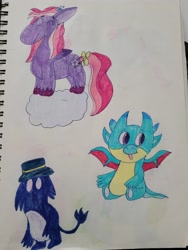Size: 4032x3024 | Tagged: safe, artist:mintwhistle, derpibooru exclusive, sparky sparkeroni, starsong, oc, dragon, original species, pegasus, pony, g3, g5, :p, baby, baby dragon, bow, cloud, colored pencil drawing, creature, cute, female, folded wings, g3 to g5, generation leap, hairclip, hat, looking back, male, mare, non-pony oc, old art, sitting, sketchbook, sparkybetes, spread wings, standing, tail, tail bow, tongue out, traditional art, trio, unshorn fetlocks, wings