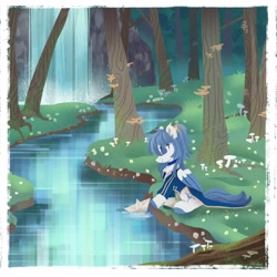 Size: 2046x2048 | Tagged: safe, artist:raindrophalo, oc, oc only, pony, female, flower, forest, high res, mushroom, paper boat, river, solo, stream, water, waterfall