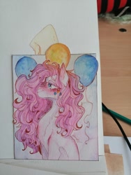 Size: 810x1080 | Tagged: safe, artist:dorry, pinkie pie, earth pony, pony, g4, balloon, female, photo, solo, traditional art, watercolor painting