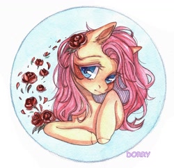 Size: 1280x1241 | Tagged: safe, artist:dorry, fluttershy, pegasus, pony, g4, blue background, bust, circle background, female, flower, flower in hair, looking at you, mare, petals, portrait, rose, simple background, solo, traditional art, watercolor painting, white frame