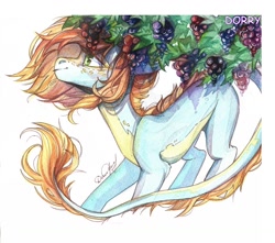 Size: 1280x1131 | Tagged: safe, artist:dorry, oc, oc only, pony, food, freckles, grapes, leaves, leonine tail, markings, scanned, solo, tail, traditional art, watercolor painting, white frame