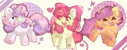 Size: 3786x1519 | Tagged: safe, artist:lumiville, apple bloom, scootaloo, sweetie belle, earth pony, pegasus, pony, unicorn, g4, >.<, ><, adorabloom, apple bloom's bow, bow, cute, cutealoo, cutie mark crusaders, cutie mark cuties, diasweetes, eyes closed, female, filly, foal, hair bow, high res, horn, open mouth, trio, trio female, wings