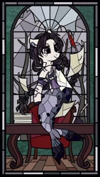 Size: 1151x2048 | Tagged: safe, artist:raindrophalo, oc, oc only, merpony, pony, commission, female, quill, solo, stained glass, writing