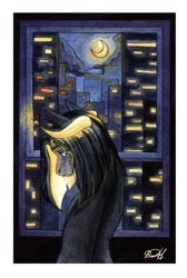 Size: 725x1080 | Tagged: safe, artist:dorry, oc, oc only, pony, city, looking back, looking out the window, moon, moonlight, night, signature, solo, traditional art, watercolor painting, white frame, window