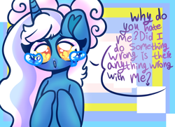 Size: 1024x742 | Tagged: safe, artist:iloveehlm, oc, oc only, oc:fleurbelle, alicorn, pony, alicorn oc, bow, crying, female, hair bow, heart, heart eyes, horn, mare, multicoloured background, solo, speech bubble, teary eyes, wingding eyes, wings