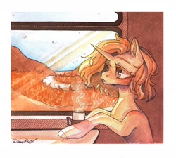 Size: 1280x1150 | Tagged: safe, artist:dorry, oc, oc only, pony, unicorn, cottagecore, food, horn, looking out the window, monochrome, solo, tea, traditional art, train, unicorn oc, watercolor painting