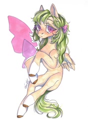 Size: 766x1080 | Tagged: safe, artist:dorry, oc, oc only, pegasus, pony, bow, hair bow, looking at you, markings, pegasus oc, scanned, simple background, solo, traditional art, watercolor painting, white background