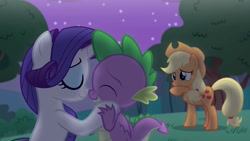 Size: 1333x750 | Tagged: safe, artist:georgegarza01, applejack, rarity, spike, dragon, earth pony, pony, unicorn, g4, boop, cute, eyes closed, fan animation, female, giggling, holding hands, hooves on cheeks, interspecies, male, night, noseboop, ship:sparity, shipper on deck, shipperjack, shipping, show accurate, smiling, straight, youtube link