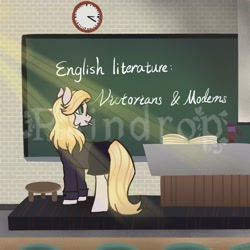 Size: 2048x2048 | Tagged: safe, artist:raindrophalo, oc, oc only, earth pony, pony, book, chalkboard, clock, clothes, commission, crepuscular rays, earth pony oc, female, high res, solo, teacher