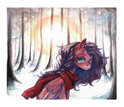 Size: 1280x1107 | Tagged: safe, artist:dorry, oc, oc only, pegasus, pony, braid, clothes, forest, looking at you, pegasus oc, scanned, scarf, solo, sunrise, traditional art, watercolor painting, white frame, winter