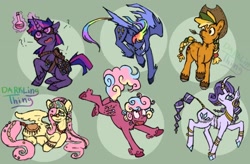 Size: 1440x942 | Tagged: safe, artist:its-a-darkling-thing, applejack, fluttershy, pinkie pie, rainbow dash, rarity, twilight sparkle, classical unicorn, pegasus, pony, unicorn, g4, butt, butt tail, cloven hooves, curved horn, horn, leonine tail, mane six, plot, redesign, simple background, unshorn fetlocks