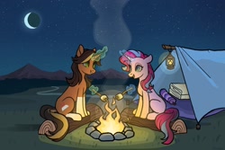 Size: 2048x1365 | Tagged: safe, artist:raindrophalo, oc, oc only, pony, unicorn, campfire, camping, commission, duo, female, fire, glowing, glowing horn, horn, lantern, magic, marshmallow, moon, stars, telekinesis, tent, unicorn oc