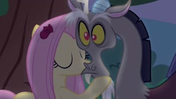 Size: 1333x750 | Tagged: safe, artist:georgegarza01, discord, fluttershy, pegasus, pony, g4, cheek kiss, cute, duo, fan animation, female, flower, flower in hair, hooves on face, kissing, male, night, rose, ship:discoshy, shipping, show accurate, straight, youtube link