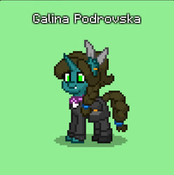 Size: 554x558 | Tagged: safe, oc, oc only, oc:galina podrovska, pony, unicorn, pony town, bag, braid, braided tail, clothes, fangs, green background, saddle bag, simple background, skirt, solo, tail