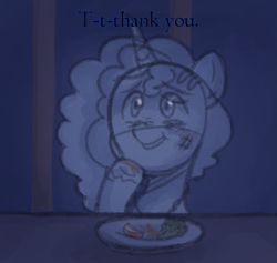 Size: 667x632 | Tagged: safe, anonymous artist, misty brightdawn, pony, unicorn, series:misty pov, g5, apple slice, broccoli, bruised, female, food, hay, implied opaline arcana, jewelry, mare, necklace, plate, scratches, solo, sparse, thank you