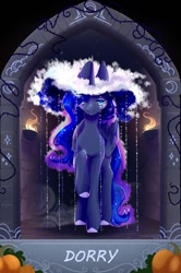Size: 718x1080 | Tagged: safe, artist:alrumoon_art, artist:dorry, princess luna, alicorn, pony, collaboration:nightmare night event (2022), g4, clothes, cloud, collaboration, cosplay, costume, female, looking at you, pumpkin, solo