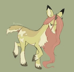 Size: 1069x1030 | Tagged: safe, artist:lutraviolet, fluttershy, deer, g4, antlers, chest fluff, cloven hooves, coat markings, colored eartips, deerified, doe, facial markings, female, green background, looking away, mealy mouth (coat marking), pale belly, raised hoof, raised leg, simple background, socks (coat markings), solo, species swap, stray strand