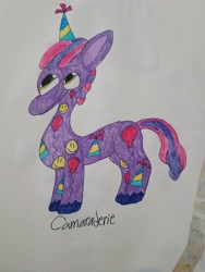 Size: 4032x3024 | Tagged: safe, artist:mintwhistle, derpibooru exclusive, part of a set, oc, oc only, oc:camaraderie, earth pony, pony, g5, colored pencil drawing, earth pony oc, g5 oc, hat, looking up, male, party hat, sketchbook, smiling, solo, stallion, traditional art, unshorn fetlocks