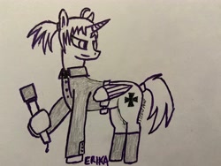 Size: 4032x3024 | Tagged: safe, artist:steelepone, oc, oc:jagerin, alicorn, pony, alicorn oc, clothes, horn, sketch, solo, steilhandgranate, uniform, wings, world war i