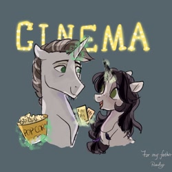 Size: 2048x2048 | Tagged: safe, artist:raindrophalo, oc, oc only, oc:raindrop halo, pony, unicorn, duo, father and child, father and daughter, female, food, high res, horn, male, movie theatre, popcorn, unicorn oc