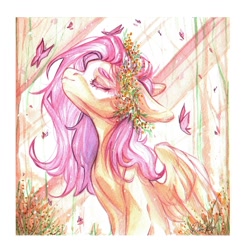Size: 1058x1080 | Tagged: safe, artist:dorry, fluttershy, butterfly, pegasus, pony, g4, eyes closed, floral head wreath, flower, forest, scan, solo, traditional art, watercolor painting, white frame