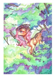 Size: 785x1080 | Tagged: safe, artist:dorry, fluttershy, pegasus, pony, g4, forest, looking away, scan, scanned, solo, traditional art, tree, under the tree, walking, watercolor painting, white frame