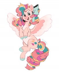 Size: 1066x1309 | Tagged: safe, artist:lutraviolet, pinkie pie, pegasus, pony, g4, cute, diapinkes, female, flying, looking at you, mare, multicolored hair, multicolored mane, multicolored tail, pegasus pinkie pie, pink coat, pink fur, pink wings, race swap, redesign, smiling, smiling at you, solo, tail, unshorn fetlocks, wings