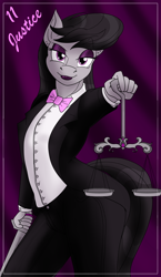 Size: 1100x1900 | Tagged: safe, artist:sixes&sevens, octavia melody, earth pony, anthro, g4, bowtie, clothes, curtains, ear piercing, earring, female, jewelry, justice, lipstick, looking at you, major arcana, multiple variants, piercing, scales, solo, suit, sword, tarot card, weapon