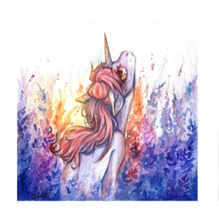 Size: 1061x1080 | Tagged: safe, artist:dorry, oc, oc only, pony, unicorn, semi-anthro, flower, flower field, horn, human shoulders, scan, scanned, solo, traditional art, unicorn oc, watercolor painting, white frame