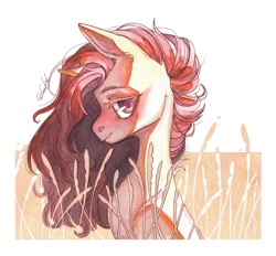 Size: 1280x1190 | Tagged: safe, artist:dorry, oc, oc only, oc:alruna moonrise, pony, food, looking at you, partial background, scanned, simple background, solo, traditional art, unicorn oc, watercolor painting, wheat, wheat field, white frame