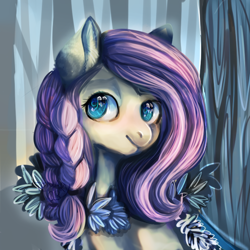 Size: 700x700 | Tagged: safe, artist:temary03, fluttershy, pegasus, pony, g4, braid, female, forest background, pigtails, smiling, solo