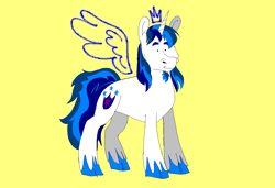 Size: 1296x886 | Tagged: safe, artist:msponies, shining armor, pony, unicorn, g4, cloven hooves, dot eyes, fake wings, imagination, male, ms paint, requested art, simple background, smiling, stallion, tail, unshorn fetlocks, yellow background