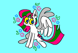 Size: 1296x886 | Tagged: safe, artist:msponies, blossomforth, pegasus, pony, g4, blue background, cyan background, freckles, ms paint, simple background, sitting, smiling, solo, spread wings, starry eyes, tail, teal background, wingding eyes, wings, yellow sclera