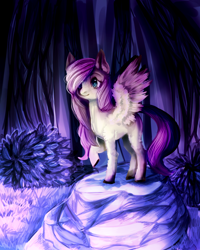 Size: 800x1000 | Tagged: safe, artist:temary03, fluttershy, pegasus, pony, g4, bush, female, forest background, night, one eye covered, solo