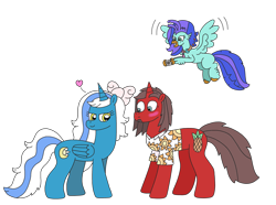 Size: 3045x2260 | Tagged: safe, artist:supahdonarudo, oc, oc only, oc:fleurbelle, oc:ironyoshi, oc:sea lilly, alicorn, classical hippogriff, hippogriff, pony, unicorn, bow, camera, clothes, excited, heart, high res, holding, jewelry, necklace, seductive look, shipping, shirt, simple background, surprised, transparent background