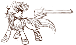 Size: 776x465 | Tagged: safe, artist:brainiac, oc, oc:blackjack, pony, unicorn, fallout equestria, fallout equestria: project horizons, brainiacs sketchbook (set), eyepatch, female, gun, mare, pipbuck, shotgun, solo, weapon