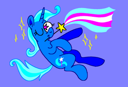 Size: 1296x886 | Tagged: safe, artist:msponies, trixie, pony, unicorn, g4, blue background, female, flag, magic wand, mouth hold, ms paint, one eye closed, pride, pride flag, simple background, smiling, solo, sparkles, starry eyes, tail, trans female, trans trixie, transgender, transgender pride flag, wingding eyes, wink