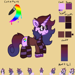 Size: 2048x2048 | Tagged: safe, artist:punk-bats, artist:rosy_eclairs, oc, oc:lavendersplatter, pony, unicorn, clothes, cutie mark, female, freckles, gradient mane, gradient tail, high res, hoodie, mare, reference sheet, scarf, socks, tail, turnaround