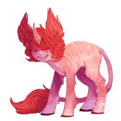 Size: 800x800 | Tagged: safe, artist:temary03, oc, oc only, pony, unicorn, covering eyes, curved horn, horn, leonine tail, sharp teeth, simple background, smiling, solo, tail, teeth, transparent background