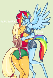 Size: 2048x3024 | Tagged: safe, artist:vautaryt, applejack, rainbow dash, earth pony, pegasus, anthro, unguligrade anthro, g4, applejack's hat, clothes, cowboy hat, female, goggles, hat, high res, hug, lesbian, midriff, ship:appledash, shipping, shorts, wings