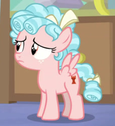 Size: 256x281 | Tagged: safe, screencap, cozy glow, pegasus, pony, g4, marks for effort, season 8, bow, cropped, curly hair, curly mane, curly tail, cyan hair, cyan mane, cyan tail, female, filly, foal, freckles, frown, hair bow, looking up, orange eyes, pink body, pink coat, pink fur, pink pony, pink wings, solo, tail, tail bow, wings