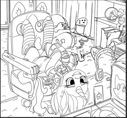 Size: 598x558 | Tagged: safe, artist:brainiac, oc, oc:candy chip, pony, unicorn, the sunjackers, brainiacs sketchbook (set), chair, female, mare, solo, upside down