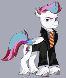 Size: 1739x2048 | Tagged: dead source, safe, artist:bearpone, artist:bearpone2, zipp storm, pegasus, pony, g5, my little pony: a new generation, butch, clothes, ear piercing, earring, female, folded wings, formal wear, furrowed brow, gray background, jewelry, lesbian, lesbian pride flag, mare, necktie, piercing, pride, pride flag, shaved mane, shaved sides, short hair, simple background, smiling, smirk, solo, standing, suit, tuxedo, unshorn fetlocks, wings