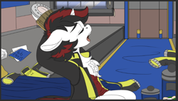 Size: 766x435 | Tagged: safe, artist:brainiac, oc, oc:blackjack, pony, unicorn, fallout equestria, fallout equestria: project horizons, brainiacs sketchbook (set), clothes, female, jumpsuit, mare, solo, stable (vault), stretch, vault suit, waking up, yawn