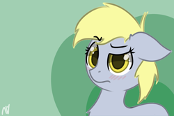 Size: 1828x1215 | Tagged: safe, artist:nyrikiri, derpy hooves, pegasus, pony, g4, blushing, female, mare, simple background, solo