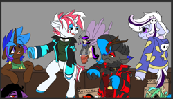 Size: 750x430 | Tagged: safe, artist:brainiac, oc, oc:blackjack, oc:brainiac, oc:heccin pepperino, oc:piper, oc:rose sniffer, oc:shotglass, oc:whiskey lullaby, breezie, cat, cat pony, kirin, original species, pony, unicorn, fallout equestria, fallout equestria: project horizons, brainiacs sketchbook (set), female, male, mare, stallion