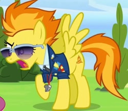 Size: 1808x1569 | Tagged: safe, screencap, spitfire, pegasus, pony, g4, the washouts (episode), angry, clothes, cropped, female, mare, necktie, solo, spitfire's tie, spitfire's whistle, suit, sunglasses, uniform, whistle, whistle necklace, wonderbolts dress uniform